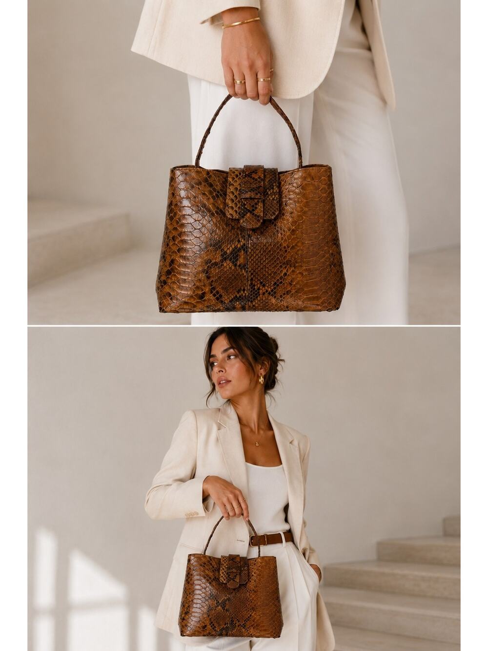Brown Snake-Embossed Leather Top-Handle Bag